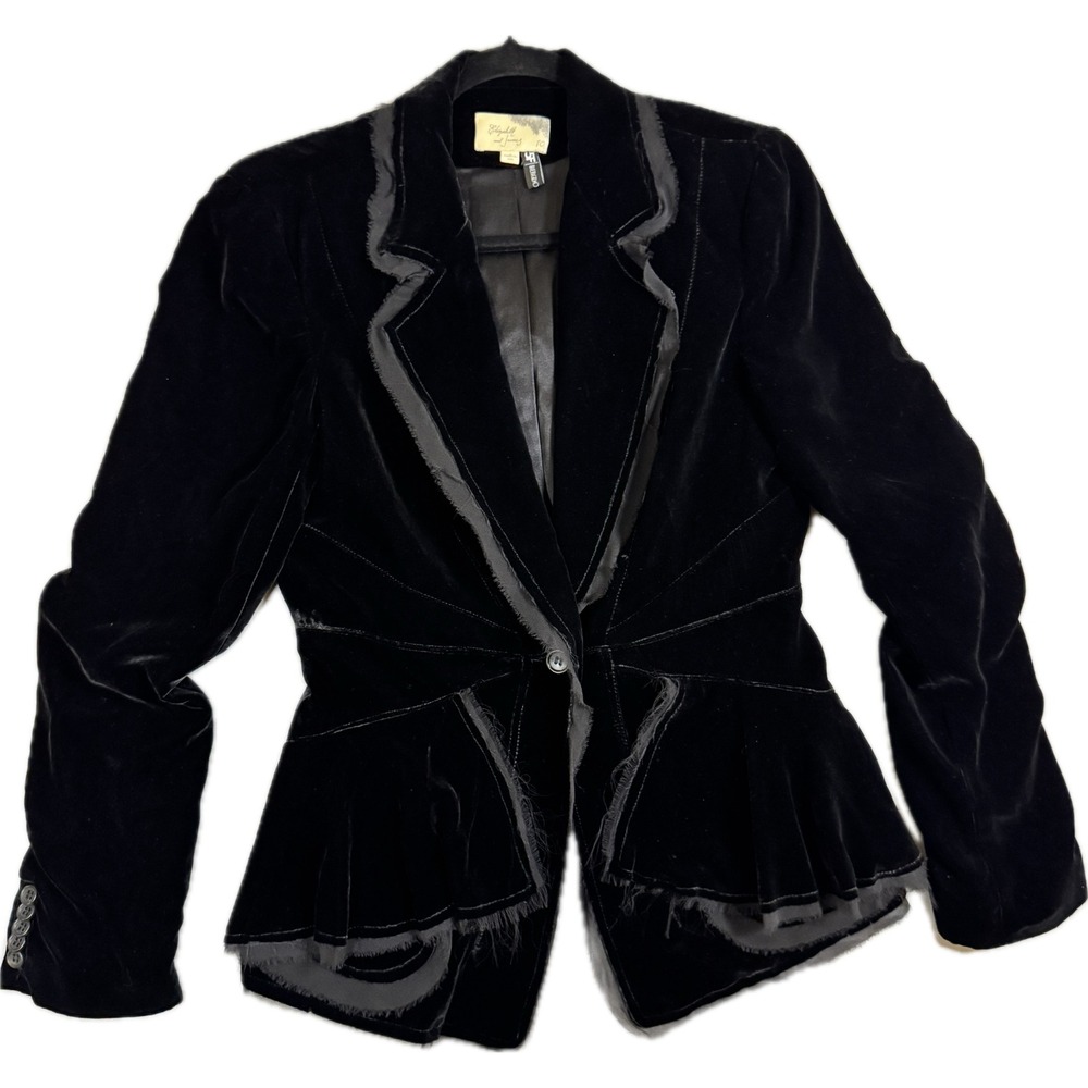 Elizabeth and James Blazer Women 10 Black Velvet Silk Trim Raw Hem Peplum